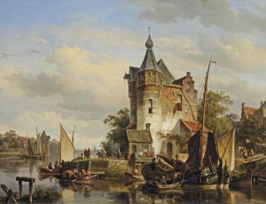 Moored barges at a quay near a keep